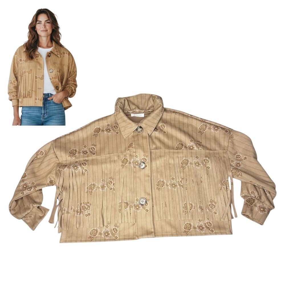 Bucketlist Fringe Western Crop Jacket Women's Oversized SM 52" Chest Floral Tan